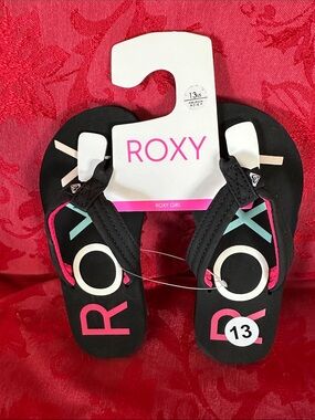 Roxy Black Flip Flops with Pink & Blue Logos